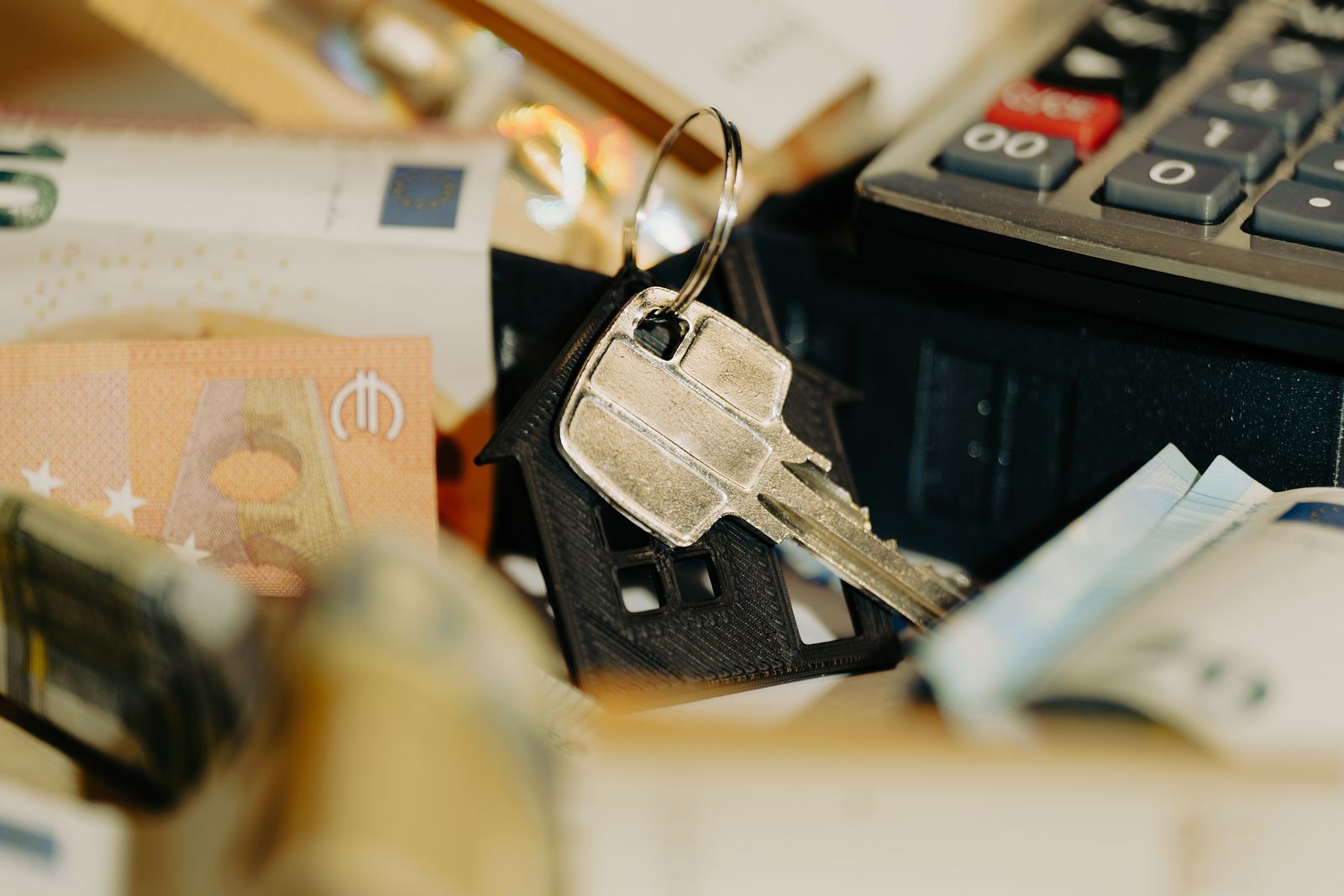 Loyer impayé en Belgique : clés de maison, billets en euros et calculatrice symbolisant un investissement locatif - onbetaalde huur in België